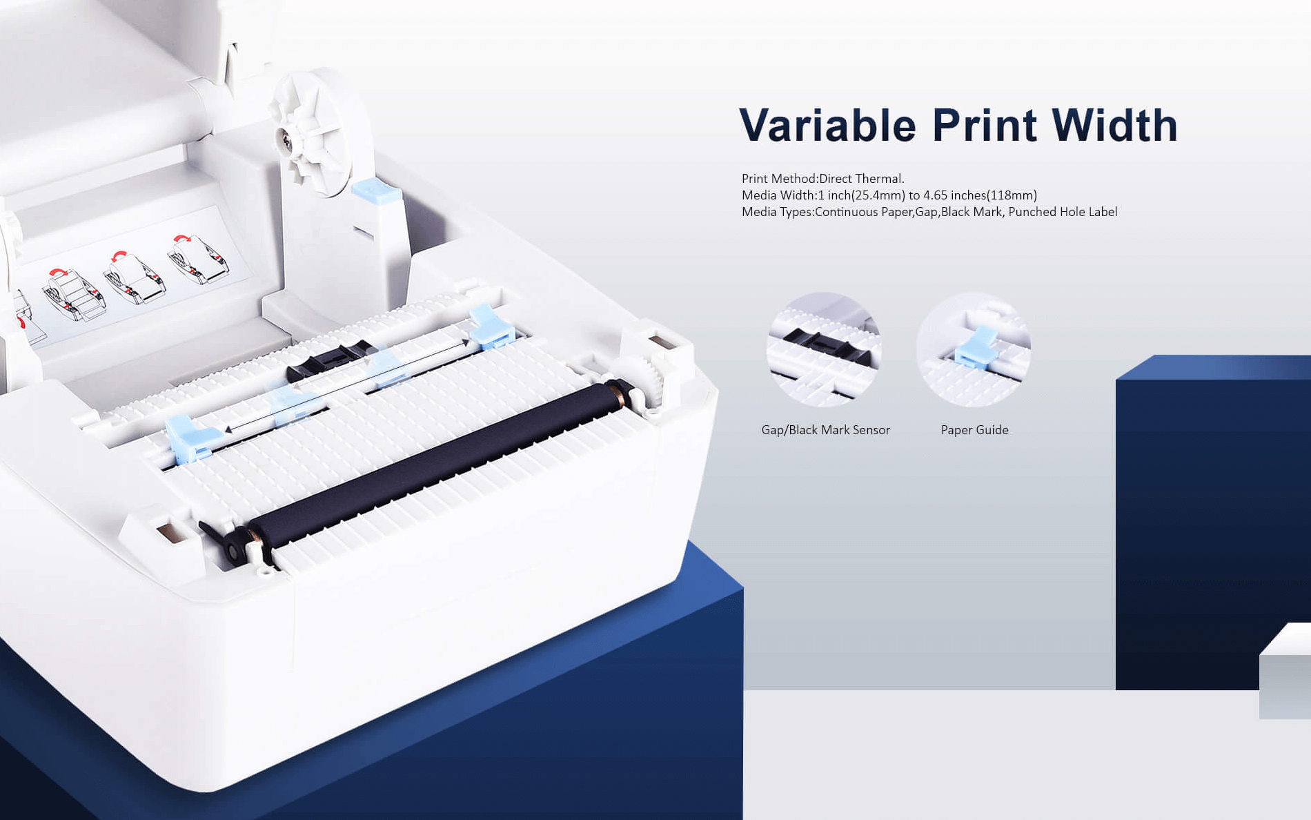 An open बारकोड प्रिन्टर showing its internal components like the paper guide and sensor.